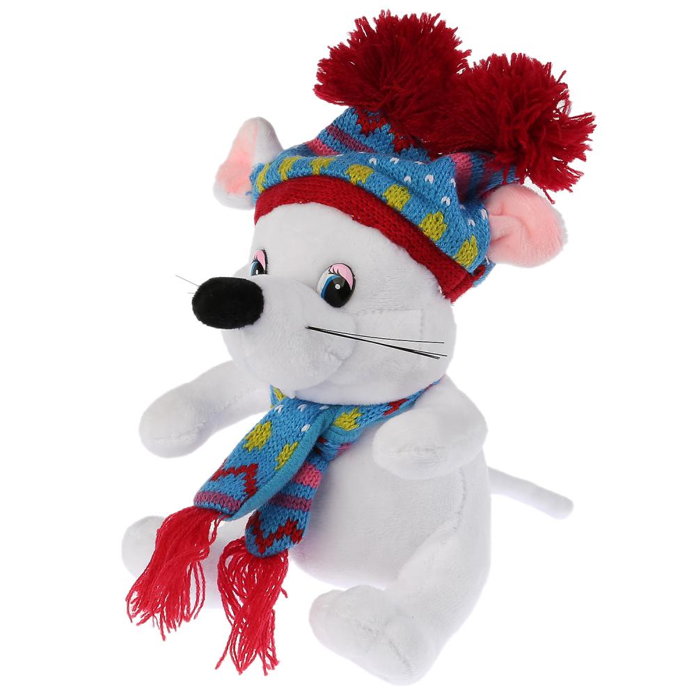 Мягкая игрушка – Мышка белая в шапке с двумя помпонами, 15 см  