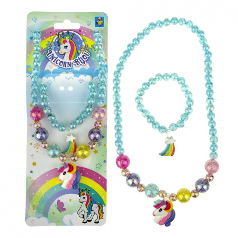 Набор украшений - Unicorn Bijou, 2 предмета: голубые радужно-перламутровые бусы голова единорога, браслет звездочка  