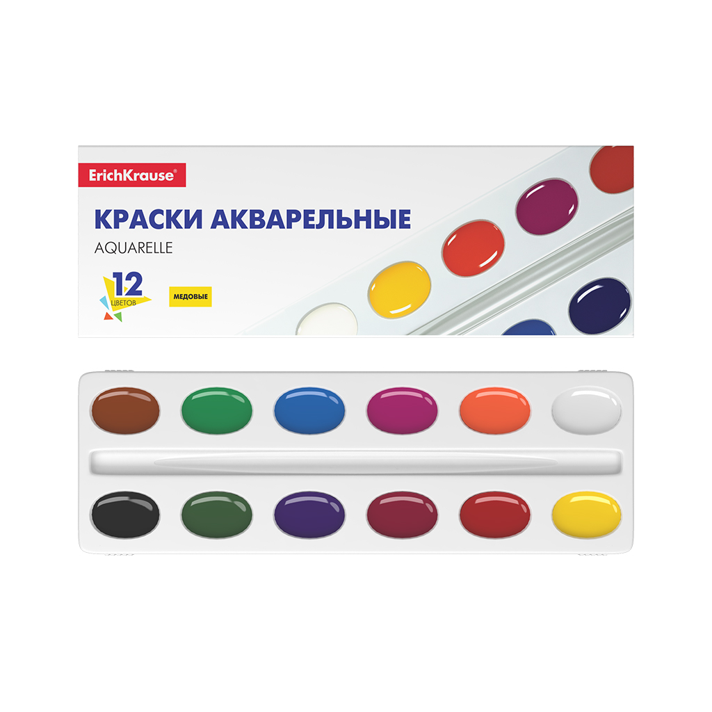 

Краски акварельные ErichKrause® - Basic медовые, 12 цветов в картонном пенале
