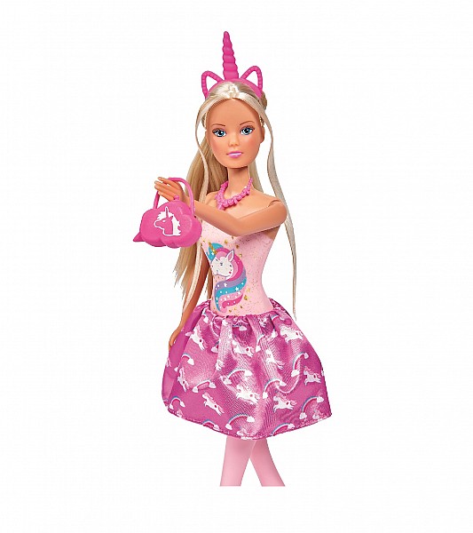 Кукла Штеффи в розовом платье с принтом единорог, 29 см  