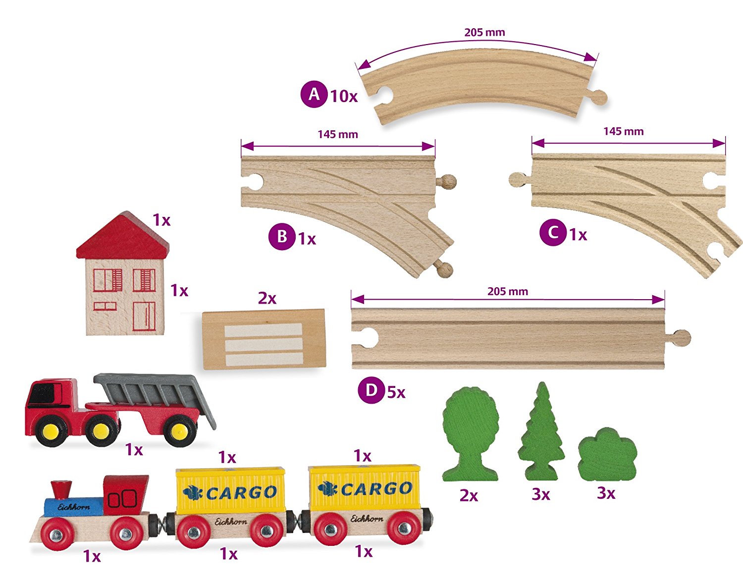 Набор деревянной железной дороги с грузовым поездом и аксессуарами, 35 деталей в пластиковом ящике  