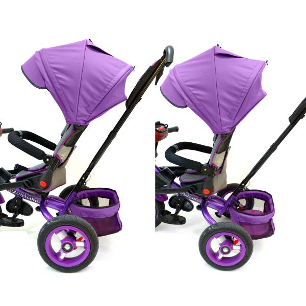 Велосипед 3-колесный цвет – фиолетовый, с резиновыми надувными колесами 12 и 10 дюймов, складной руль, светомузыкальная панель  