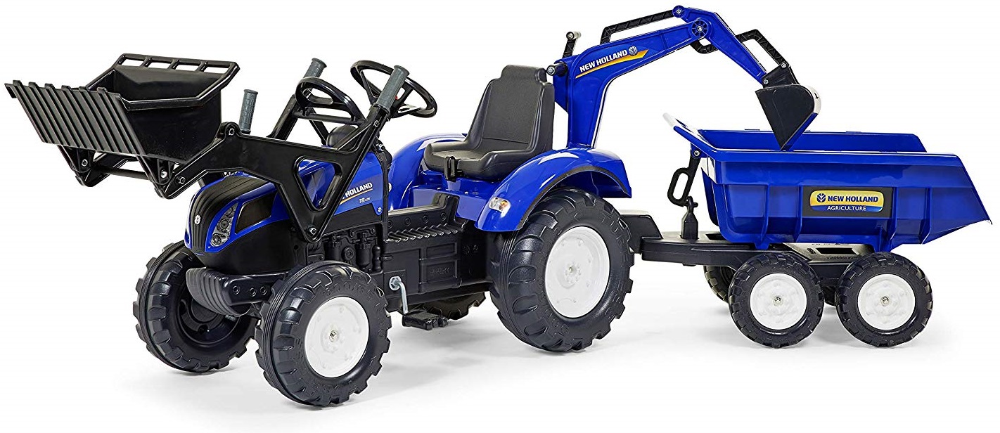 Трактор-экскаватор педальный с ковшом и прицепом синий 220 см  