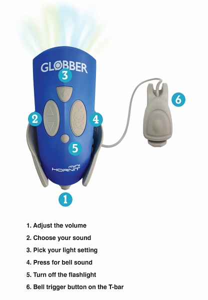 Звонок-фонарик Globber 525-106 для самокатов Mini Hornit, 25 мелодий Lime Green  
