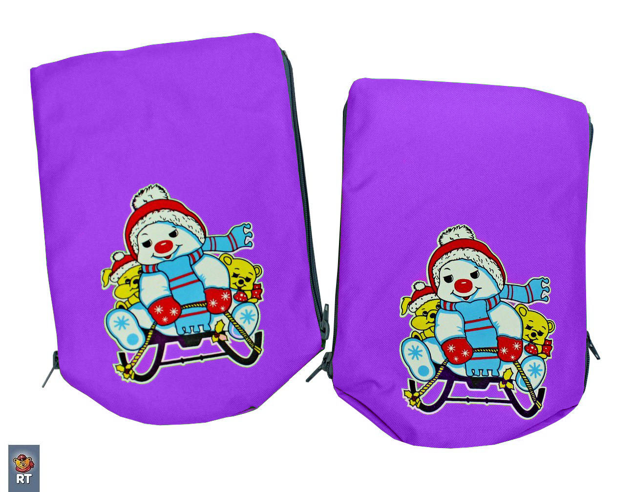 Санки-коляска Snow Galaxy - City-1 - Серый Зайка, цвет фиолетовый, на больших колесах Ева, сумка, варежки  