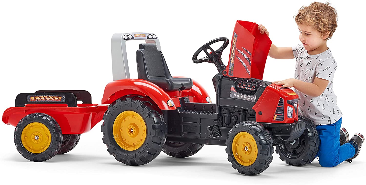 Красный педальный трактор Supercharger с прицепом и открывающимся капотом   