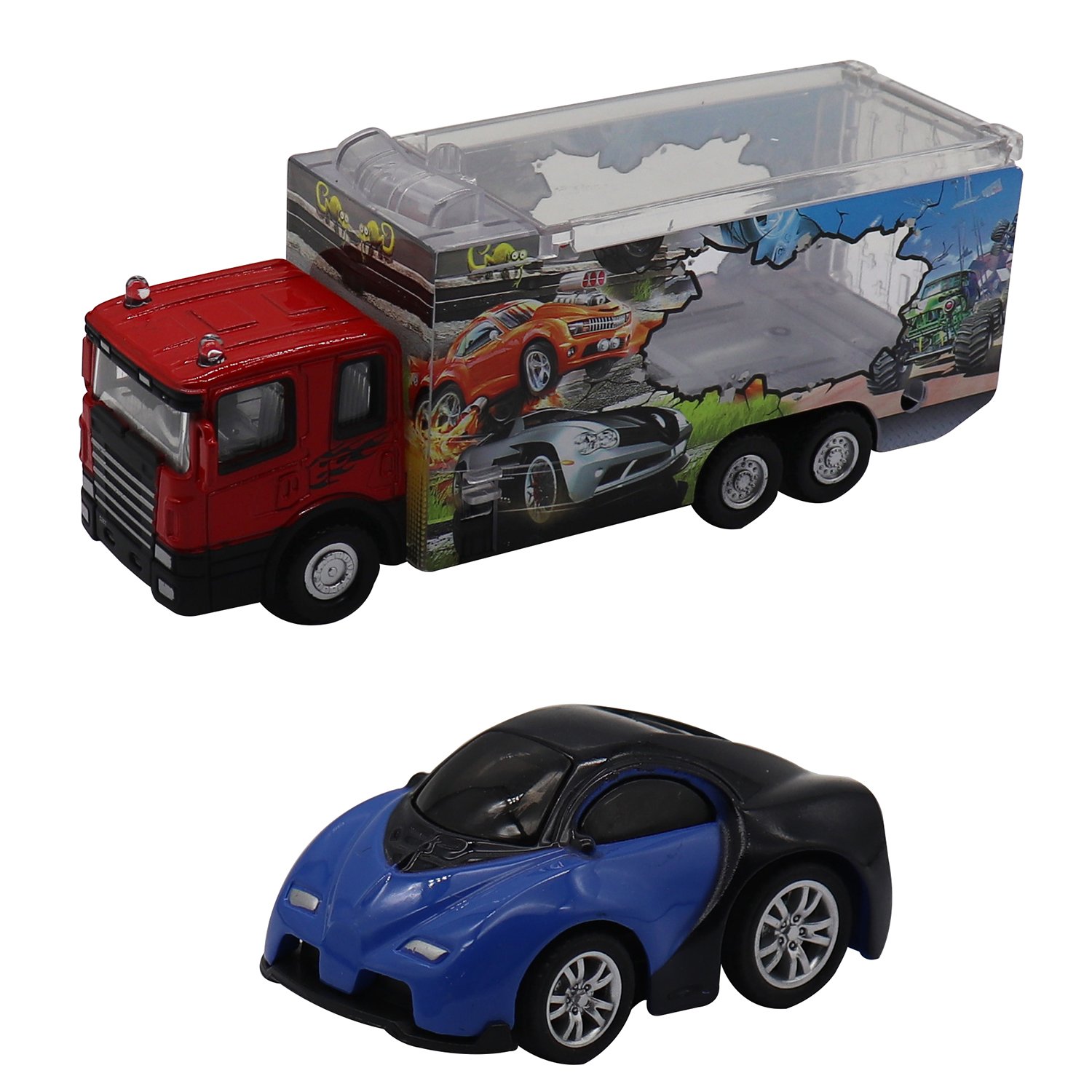 

Набор Die-Cast - Грузовик с гоночной машинкой синего цвета, масштаб 1:60