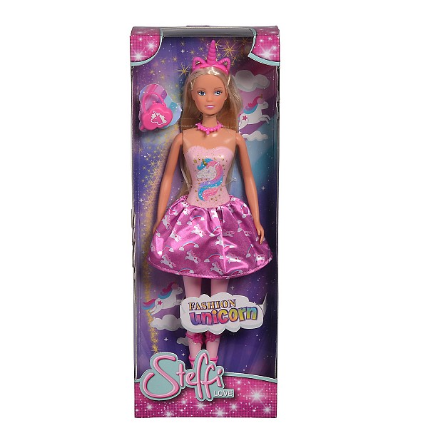 Кукла Штеффи в розовом платье с принтом единорог, 29 см  