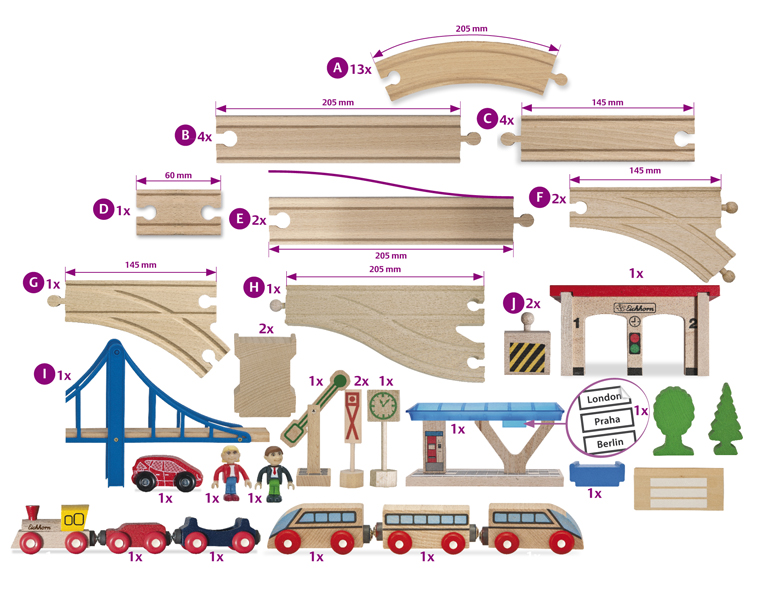 Набор деревянной железной дороги с мостом, депо и аксессуарами, 58 деталей в пластиковом ящике  