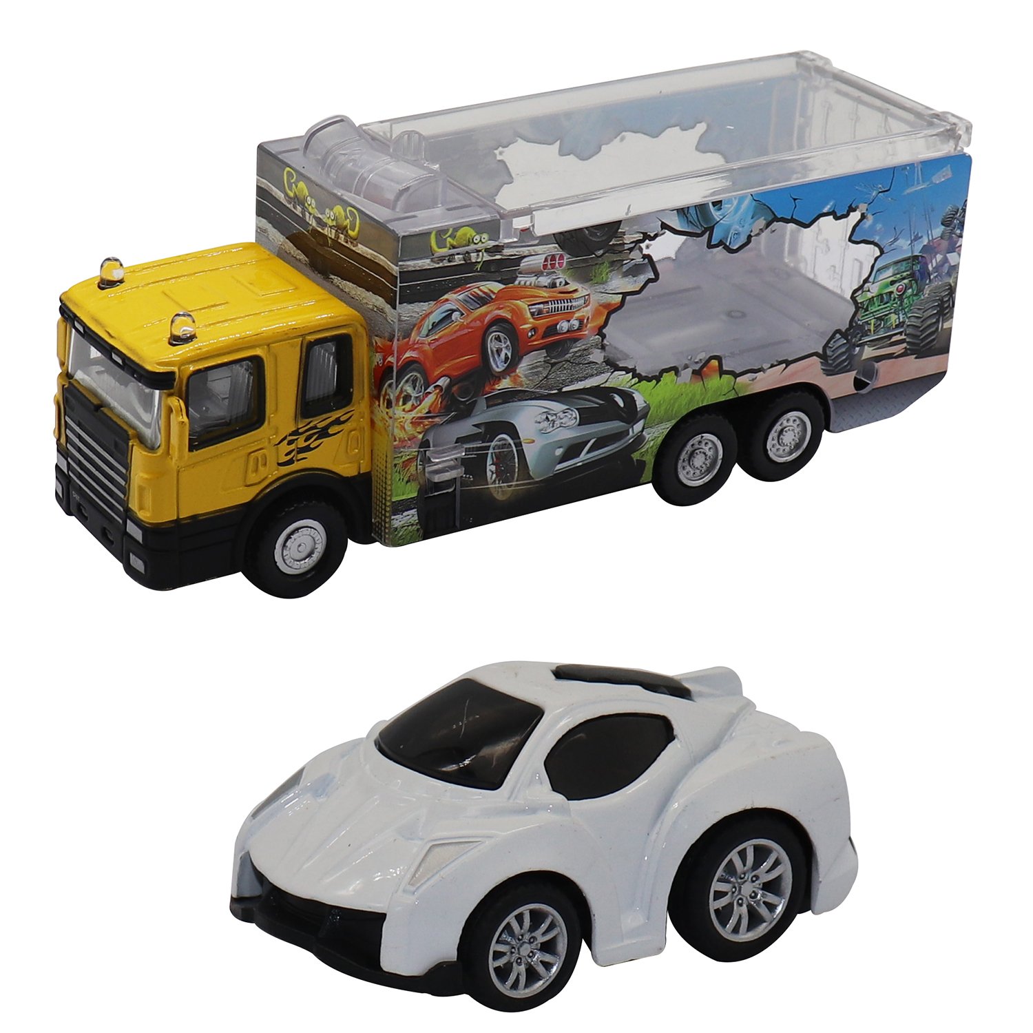 

Набор Die-Cast - Грузовик с гоночной машинкой белого цвета, масштаб 1:60