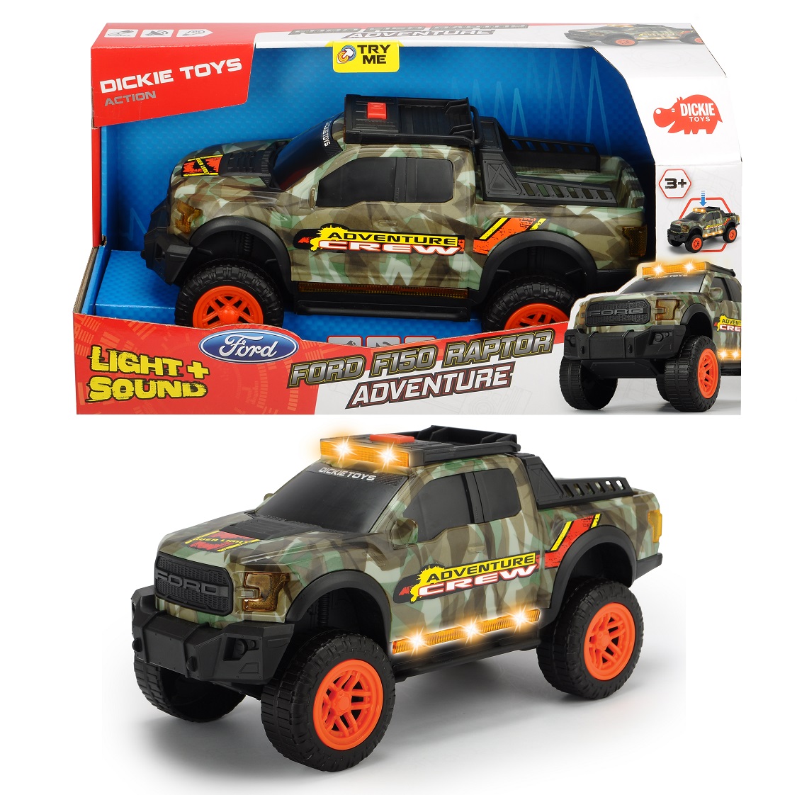 

Машинка Adventure Ford F150 Raptor, уникальный камуфляж, свет, звук, музыка, свободный ход, 33 см.