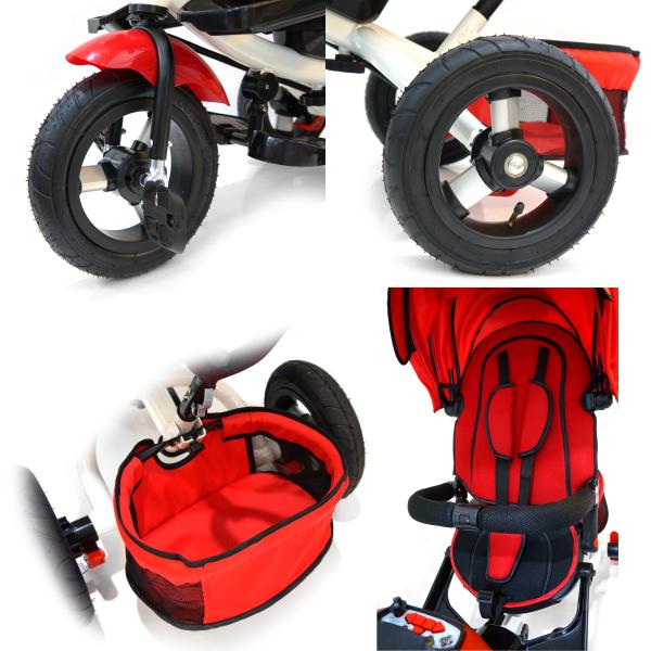 Велосипед 3-колесный Ltsport цвет – красно/белый, с резиновыми надувными колесами 12 и 10 дюймов, складной руль, светомузыкальная панель  