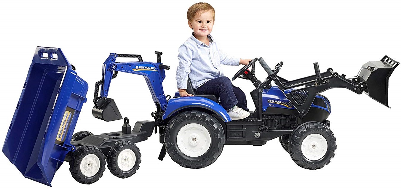 Трактор-экскаватор педальный с ковшом и прицепом синий 220 см  