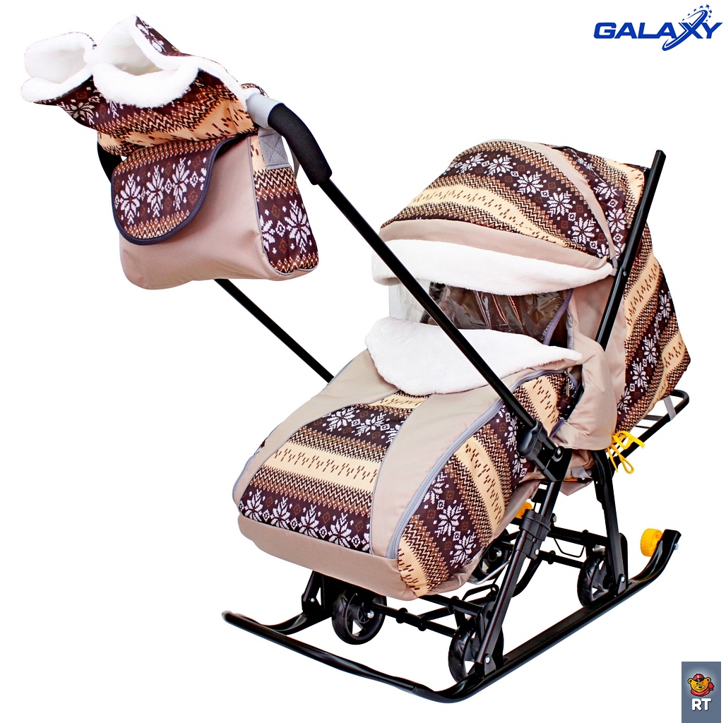Санки-коляска Snow Galaxy Luxe, Скандинавия, коричневая, на больших мягких колесах c сумкой и муфтой  