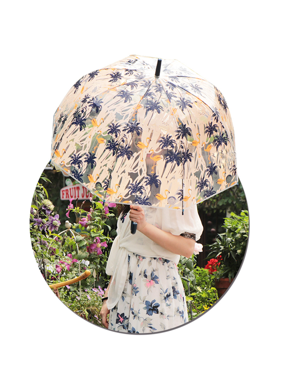 Зонт-трость – Тропический Фламинго, прозрачный купол, бежевый  
