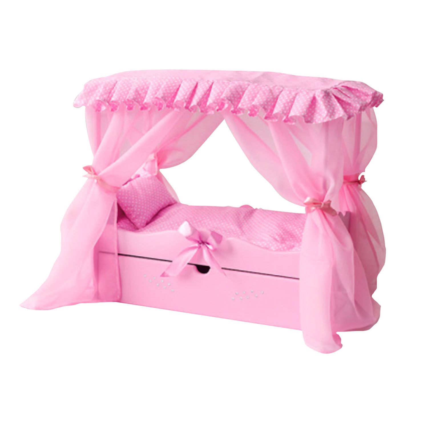 Кровать с выдвижным ящиком для кукол с постельным бельем и балдахином, розовый  