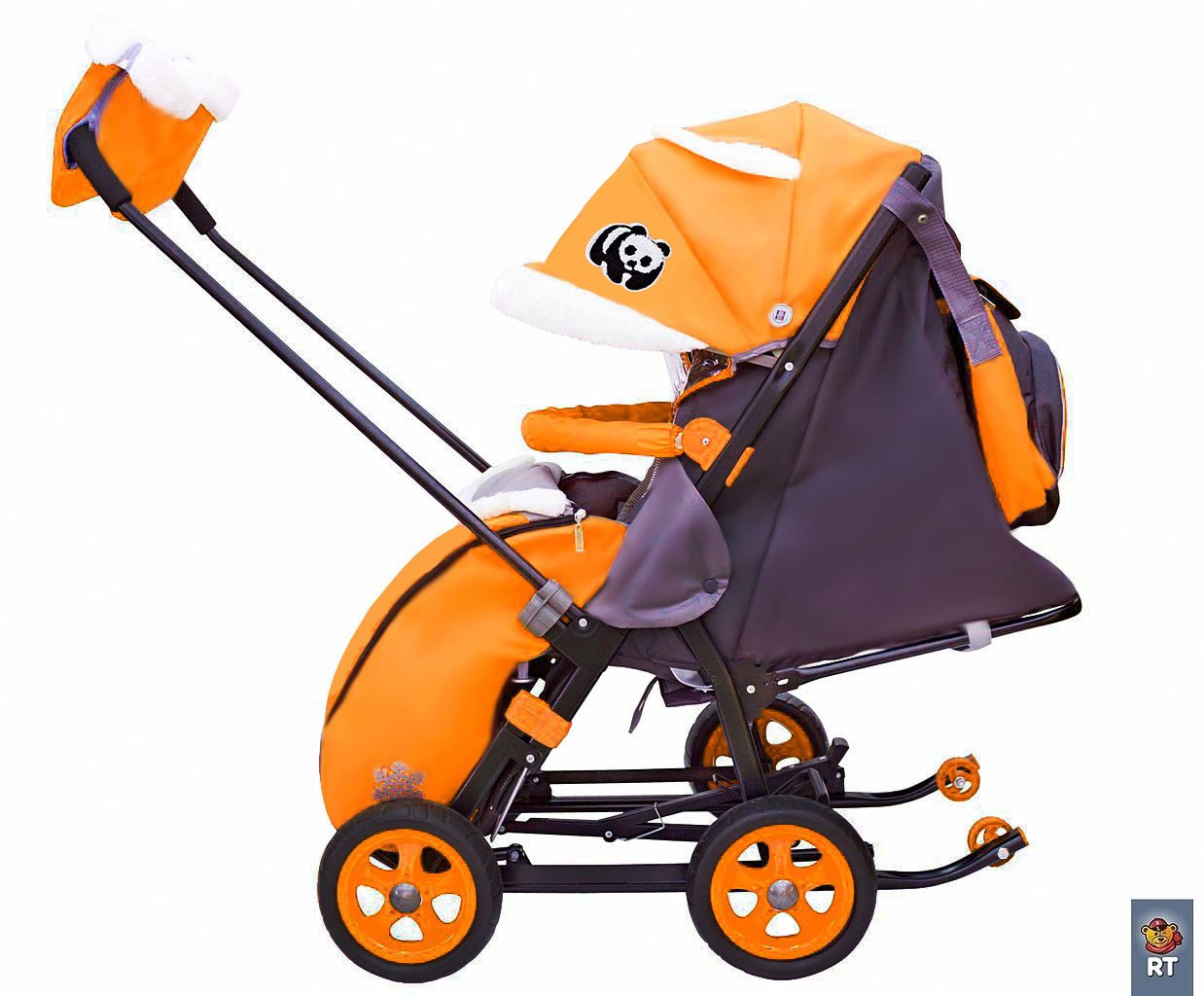 Санки-коляска Snow Galaxy City-1 - Панда на оранжевом, на больших колесах Eva, сумка, варежки  