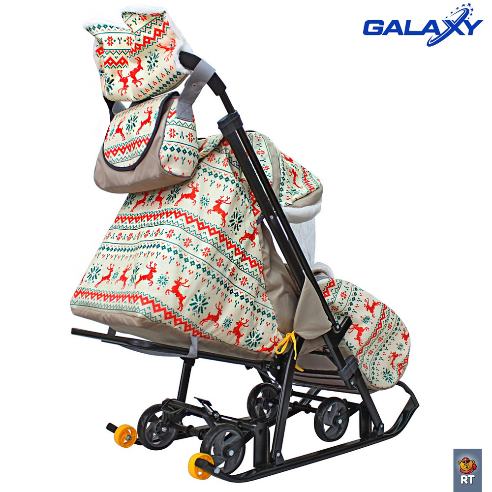 Санки-коляска Snow Galaxy Luxe - Белая ночь - Олени оранжевые на больших мягких колесах в комплекте с сумкой и муфтой  