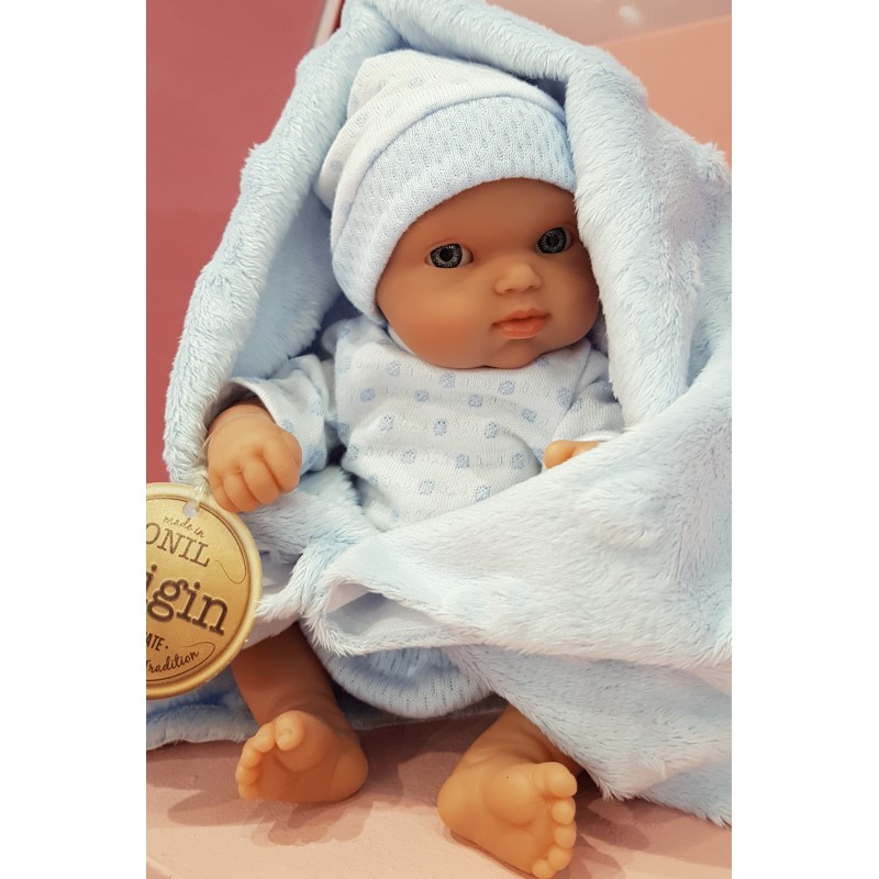Кукла-младенец Роберто на голубом одеяле, 21 см.  