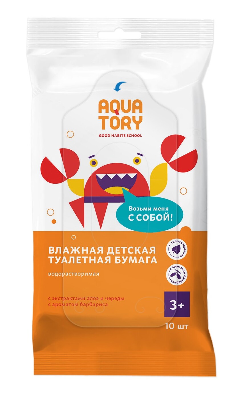 

Влажная детская туалетная бумага - Aquatory, 10 штук, 3+