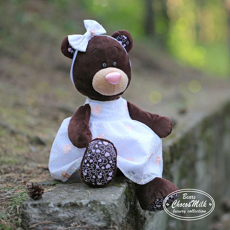 Мягкая игрушка - Медведь девочка Milk сидячая в платье с вышивкой, 25 см  