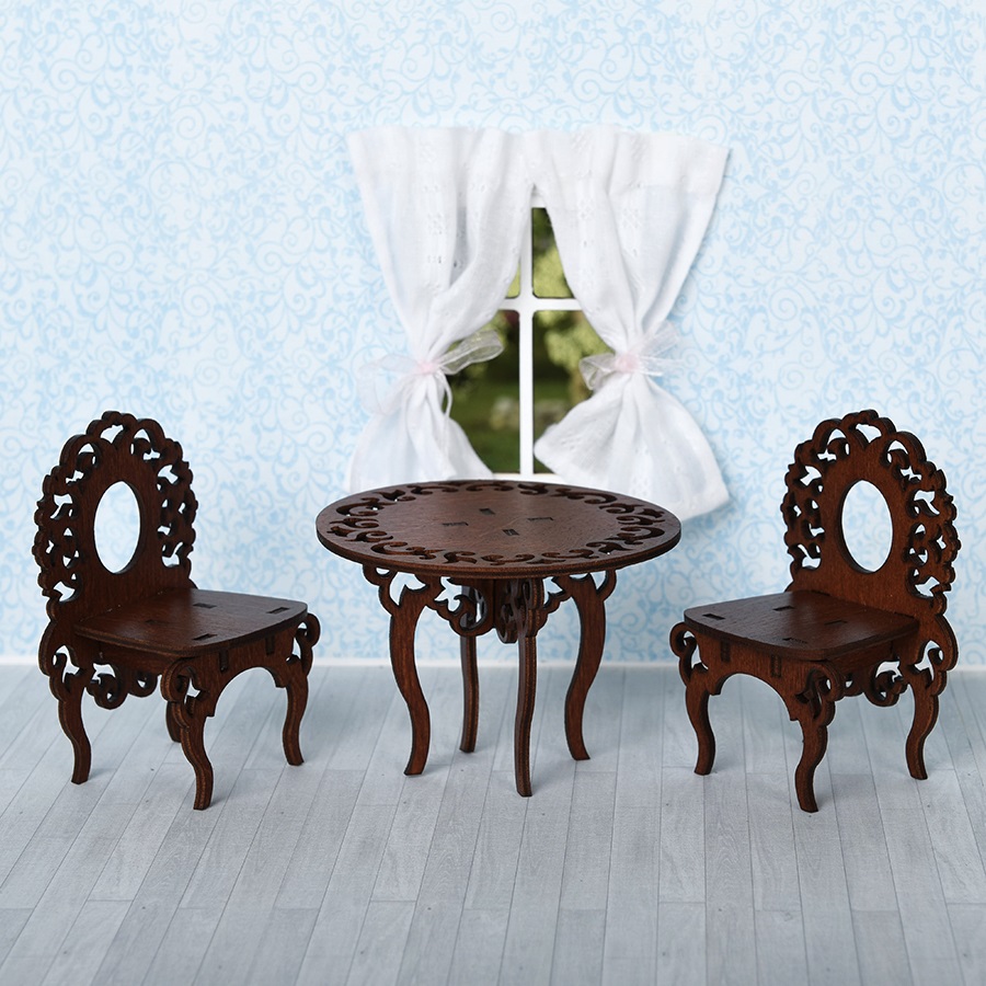 Мебель для кукольного домика - стол и 2 стула, цвет – коричневый  