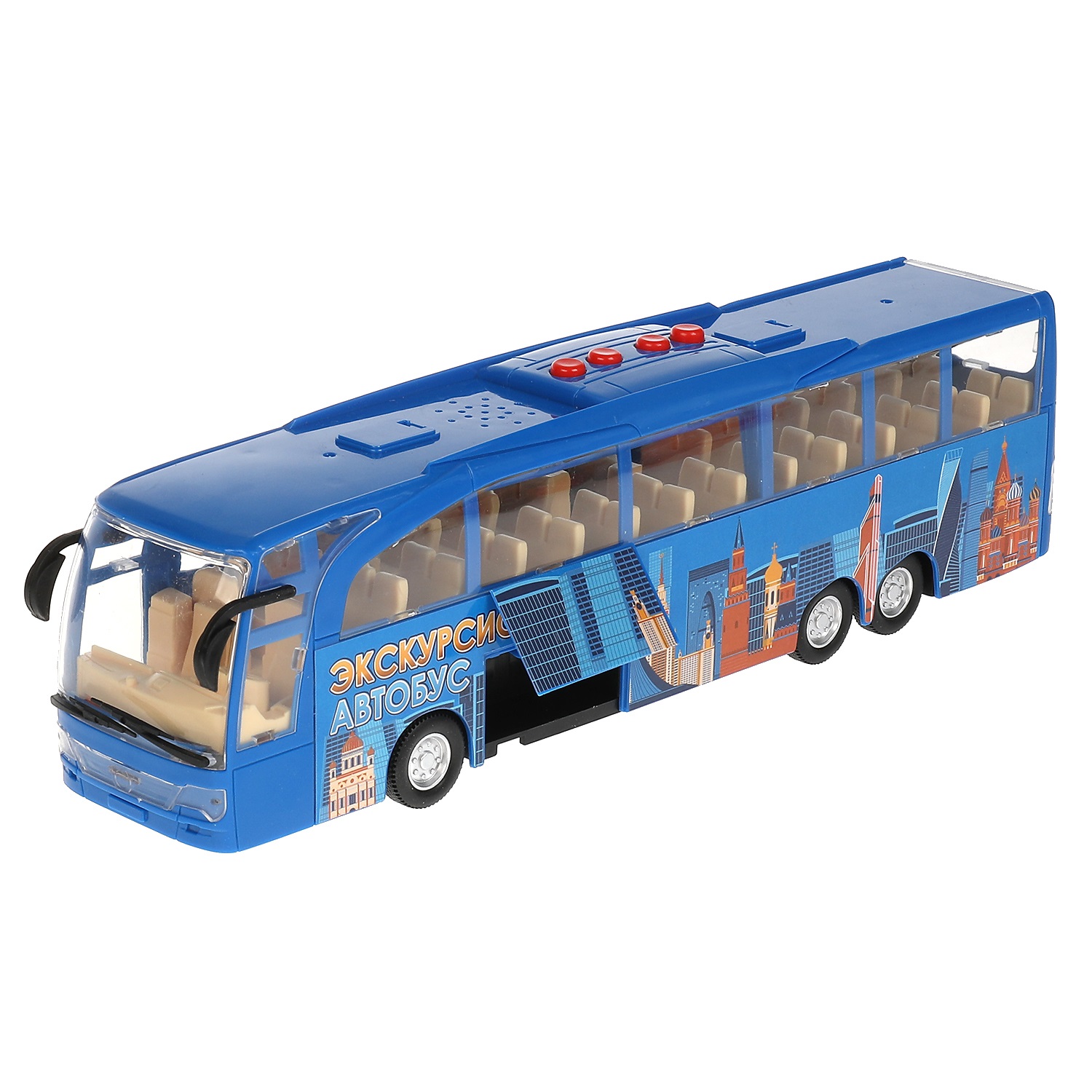 Модель Экскурсионный автобус 30 см свет-звук двери открываются пластиковая инерционная синий  