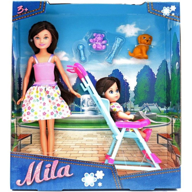 Кукла Мила 23 см с куклой Вики 12 см в коляске и собачкой  