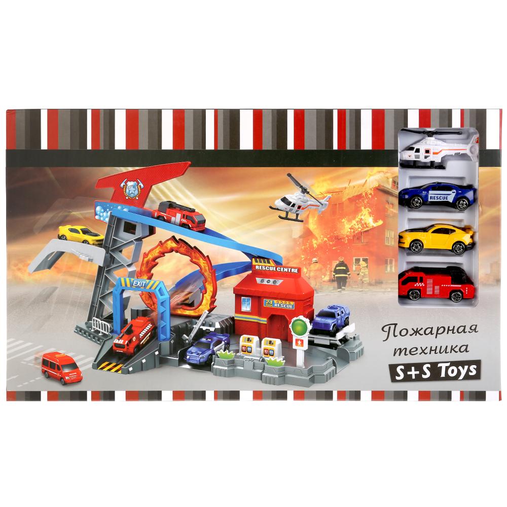 Игровой набор – Пожарная техника, гараж с 3-мя машинками, вертолетом и аксессуарами  