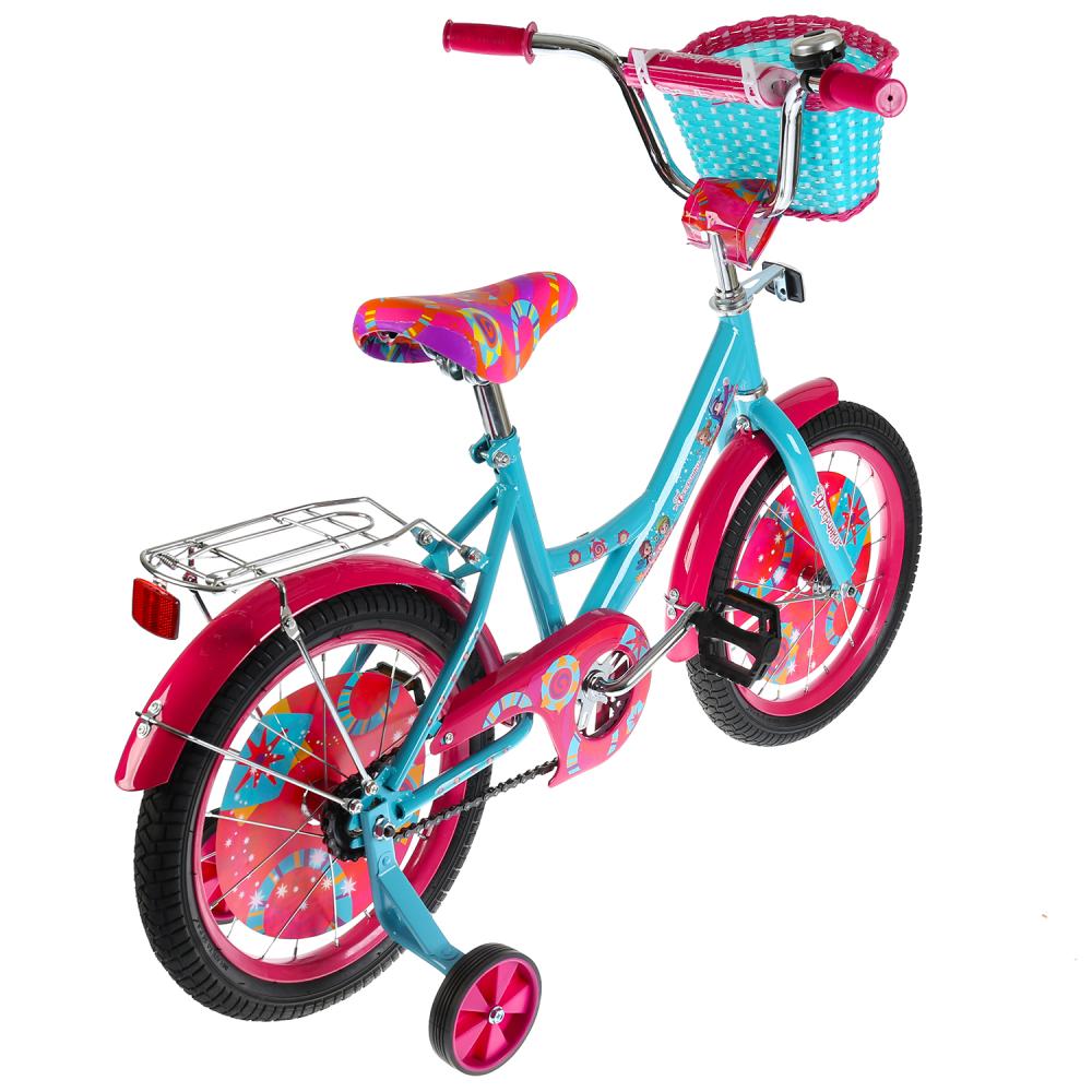 Велосипед детский двухколесный - Фееринки, розово-голубой, колеса 16 дюйм, рама А-тип, передняя корзина, вставки, страховочные колеса, звонок  