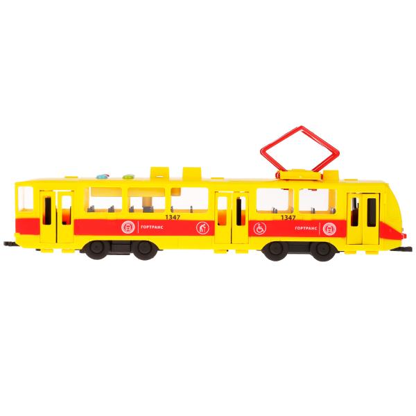 Модель Трамвай свет-звук 30 см двери открываются пластиковая инерционная желтая  