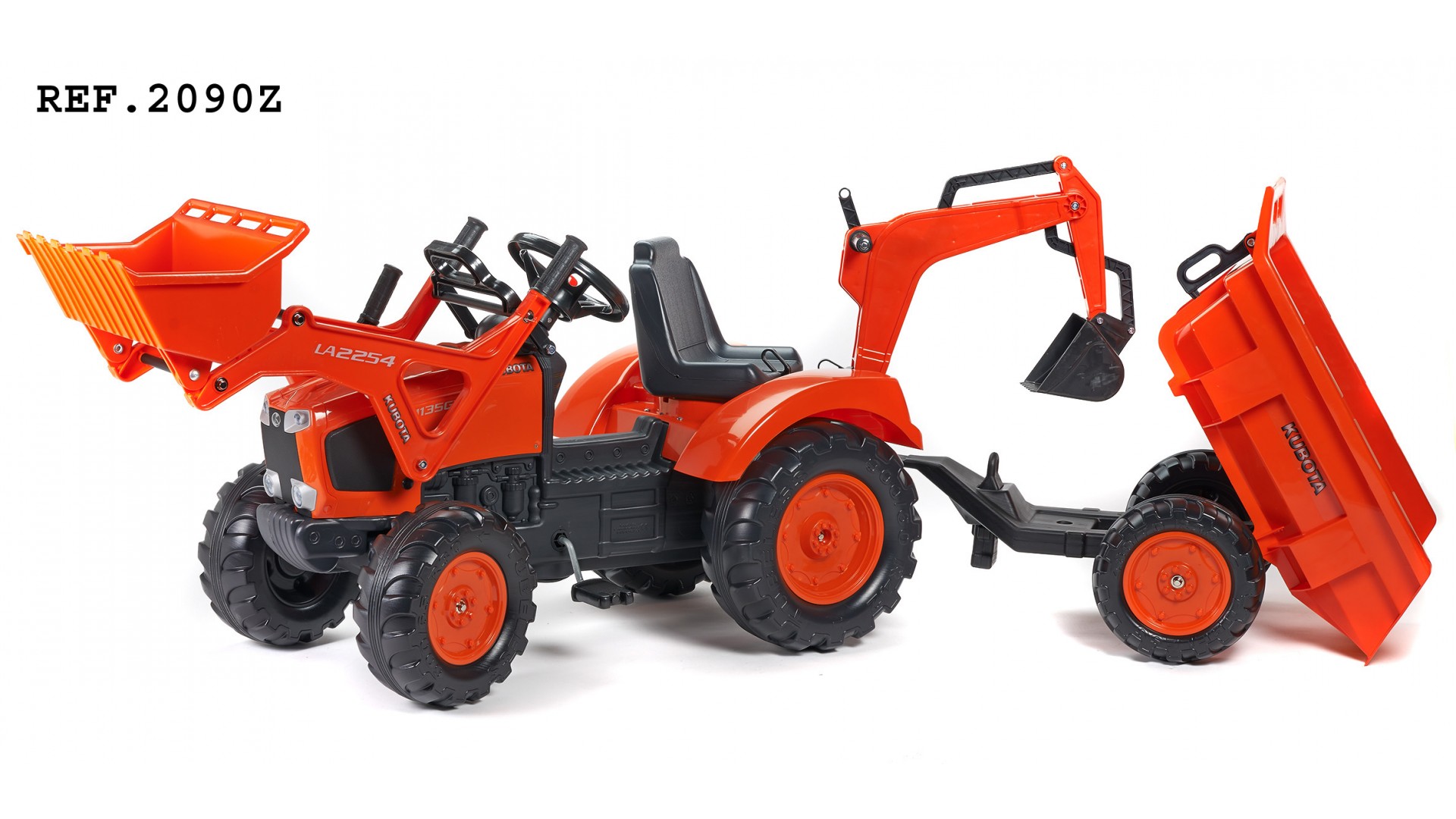 Трактор-экскаватор педальный с прицепом Kubota M135GX, красный 219 см