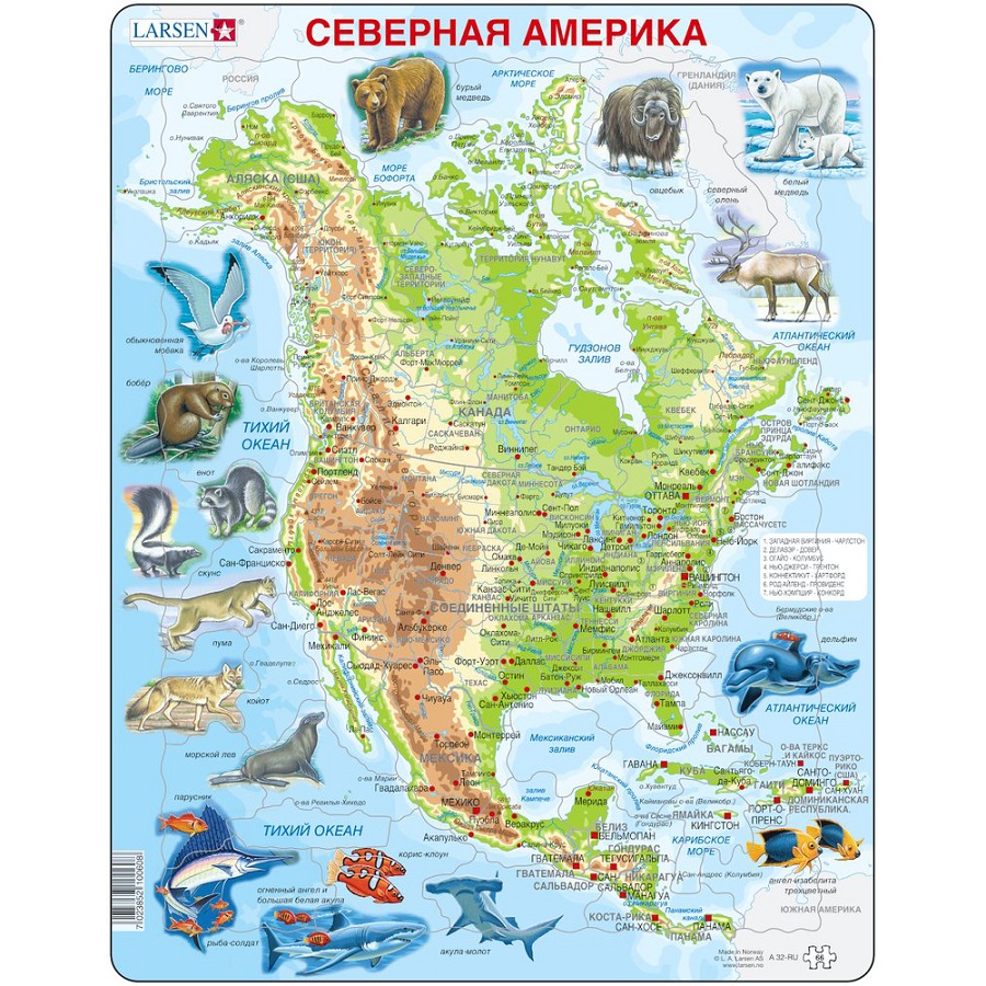 

Пазл-головоломка - Карта Северной Америки с животными, 66 элементов
