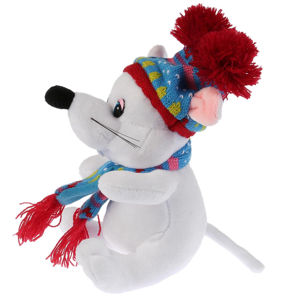 Мягкая игрушка – Мышка белая в шапке с двумя помпонами, 15 см  