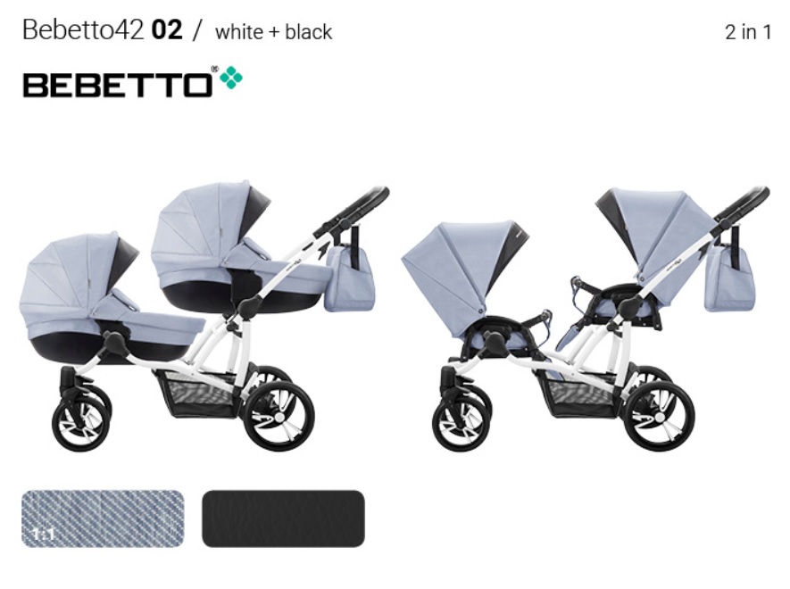 Детская коляска Bebetto42 2017 для двойни 2 в 1, светло-голубая с черным, шасси белая/Bia  