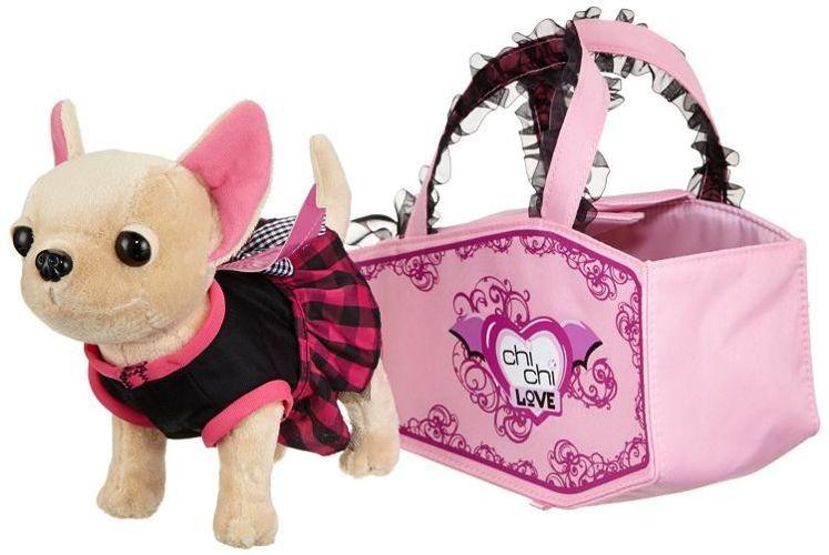 

Плюшевая собачка Вампирчик, в платье с крылышками, в сумочке, 20 см.