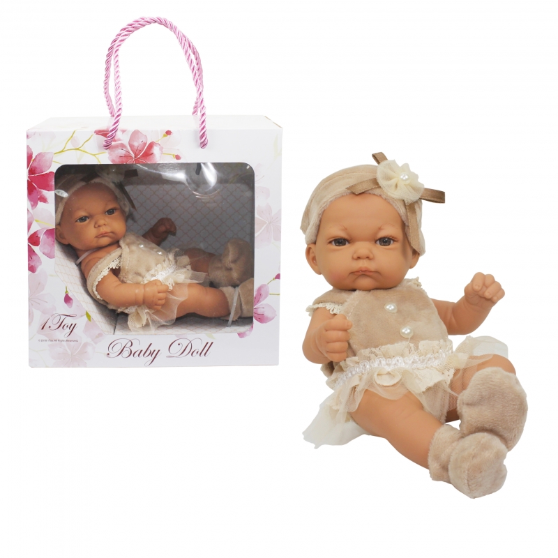 

Пупс Baby Doll в бежевом платьице, пинетках и шапочке с бантиком, 25 см