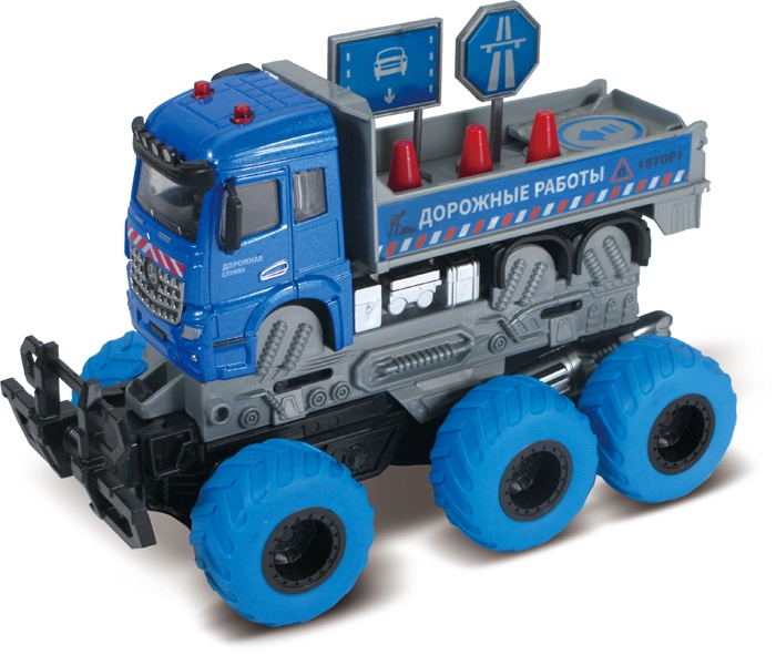 

Грузовик с дорожными знаками с краш-эффектом, кабина die-cast, фрикционный, 6х6, 1:43