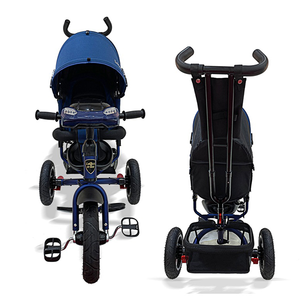 Велосипед темно-синий 3-колесный Lexus trike, колеса надувные 12 и 10', светомузыка, регулируемая спинка, задний тормоз  