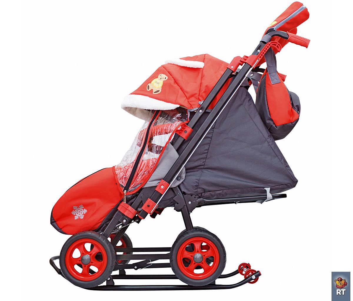 Санки-коляска Snow Galaxy City-2 - Мишка с бабочкой на красном, на больших колесах Eva, сумка, варежки  