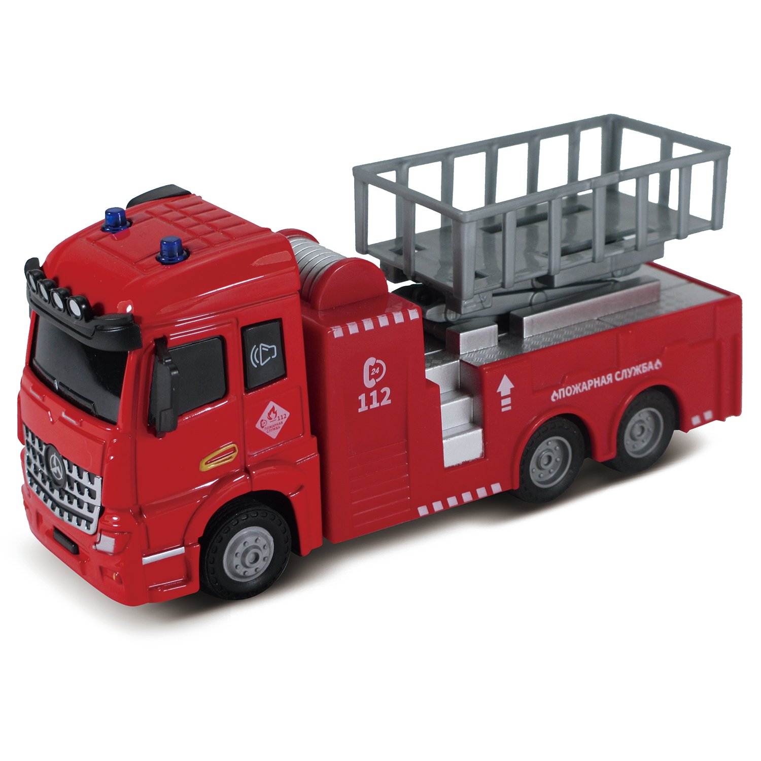 

Пожарная машина с подъемным механизмом, кабина Die-Cast, инерционный механизм, свет, звук, масштаб 1:43