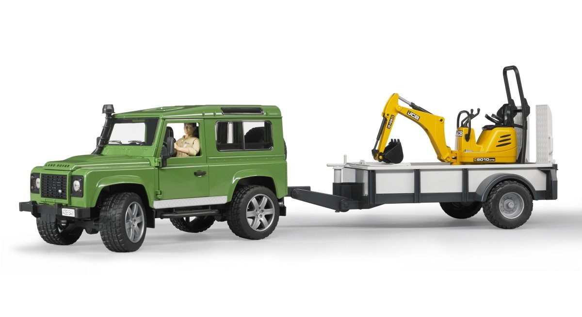 Джип с прицепом Bruder Land Rover Defender, мини экскаватор 8010 JCB, фигурка рабочего  