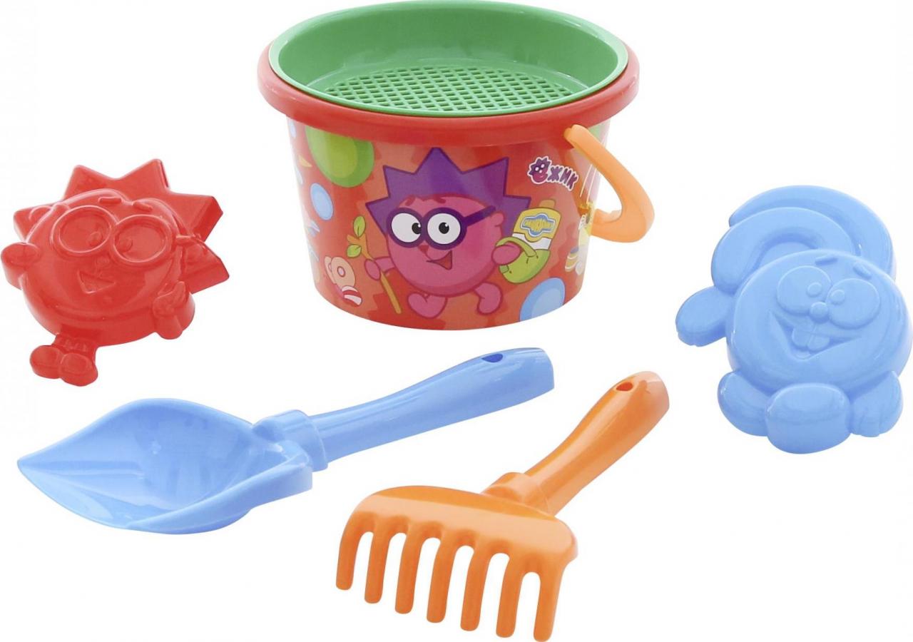 Набор XIV: ведро среднее с наклейкой, ситечко, лопатка №5, грабельки №5, 2 формочки большие