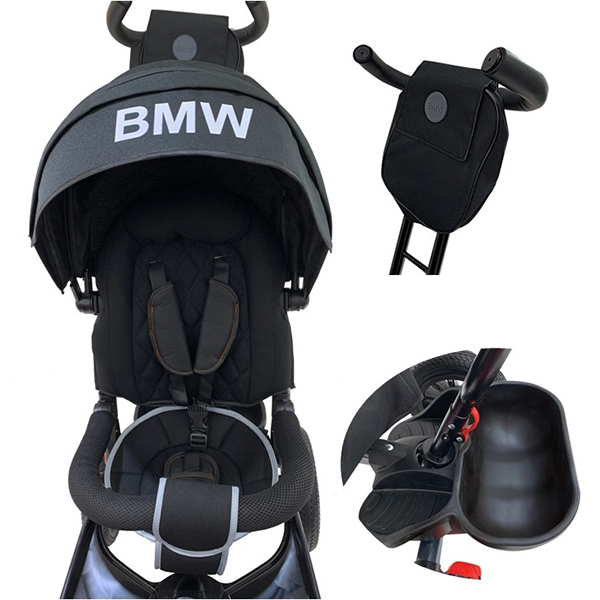 Велосипед 3 колесный – BMW, цвет черный, надувные колеса 12 и 10 дюйм, светомузыкальная панель  