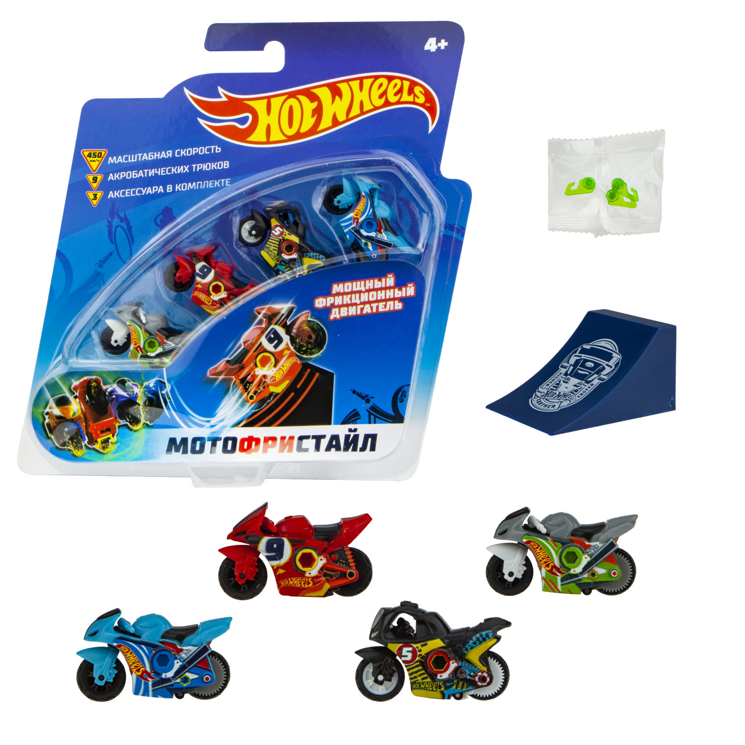 

Игровой набор Hot Wheels – Мотофристайл: 4 инерционных мотобайка, трамплин, 3 аксессуара для трюков