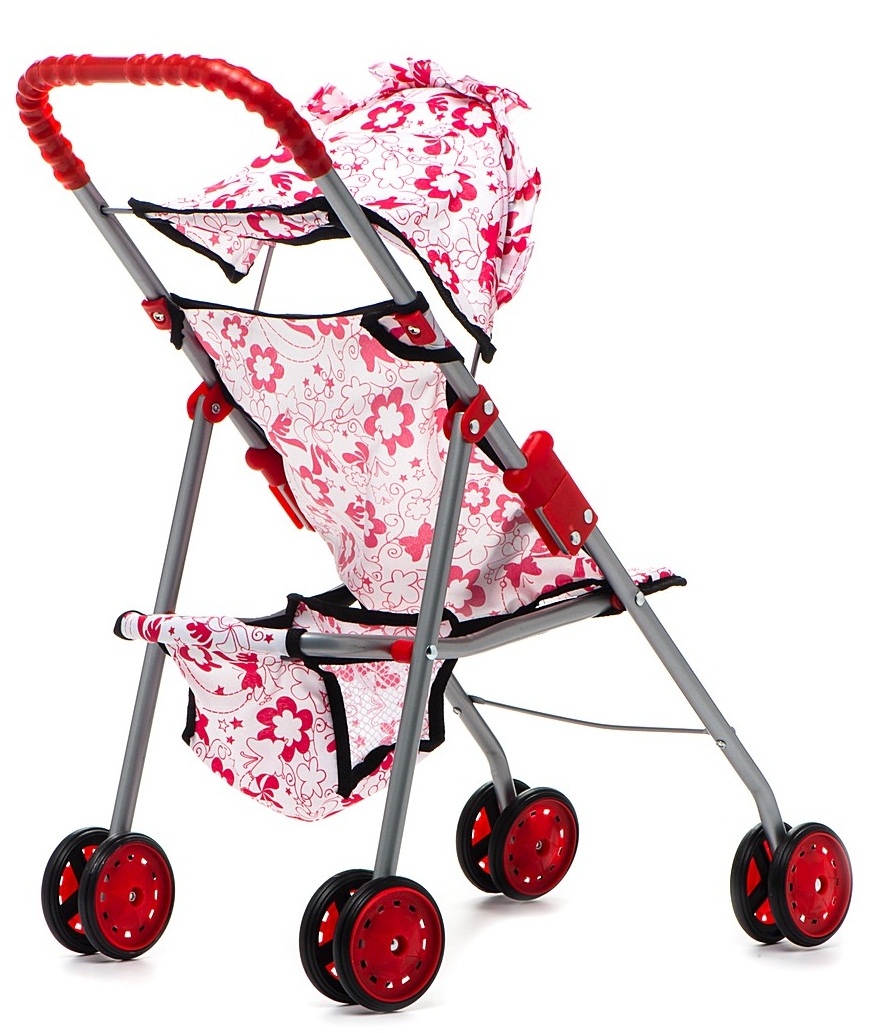 Прогулочная коляска для кукол с корзиной Красотка бело-красный принт  