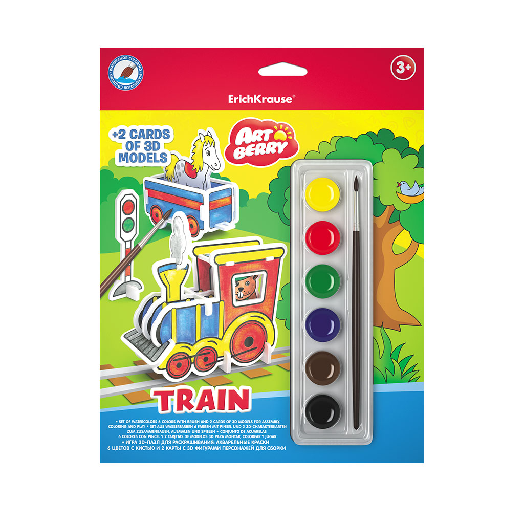 

Игровой 3D пазл для раскрашивания ArtBerry Train акварель 6 цветов и 2 карты с фигурами для сборки