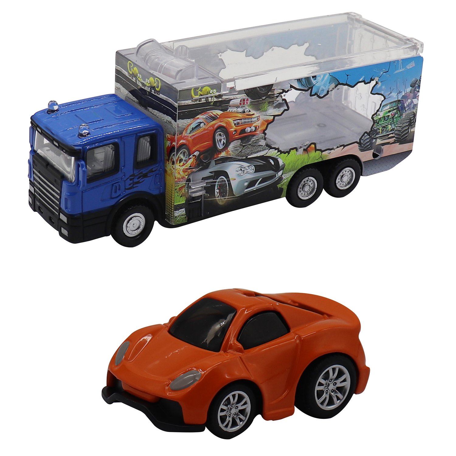 

Набор Die-Cast - Грузовик с гоночной машинкой оранжевого цвета, масштаб 1:60