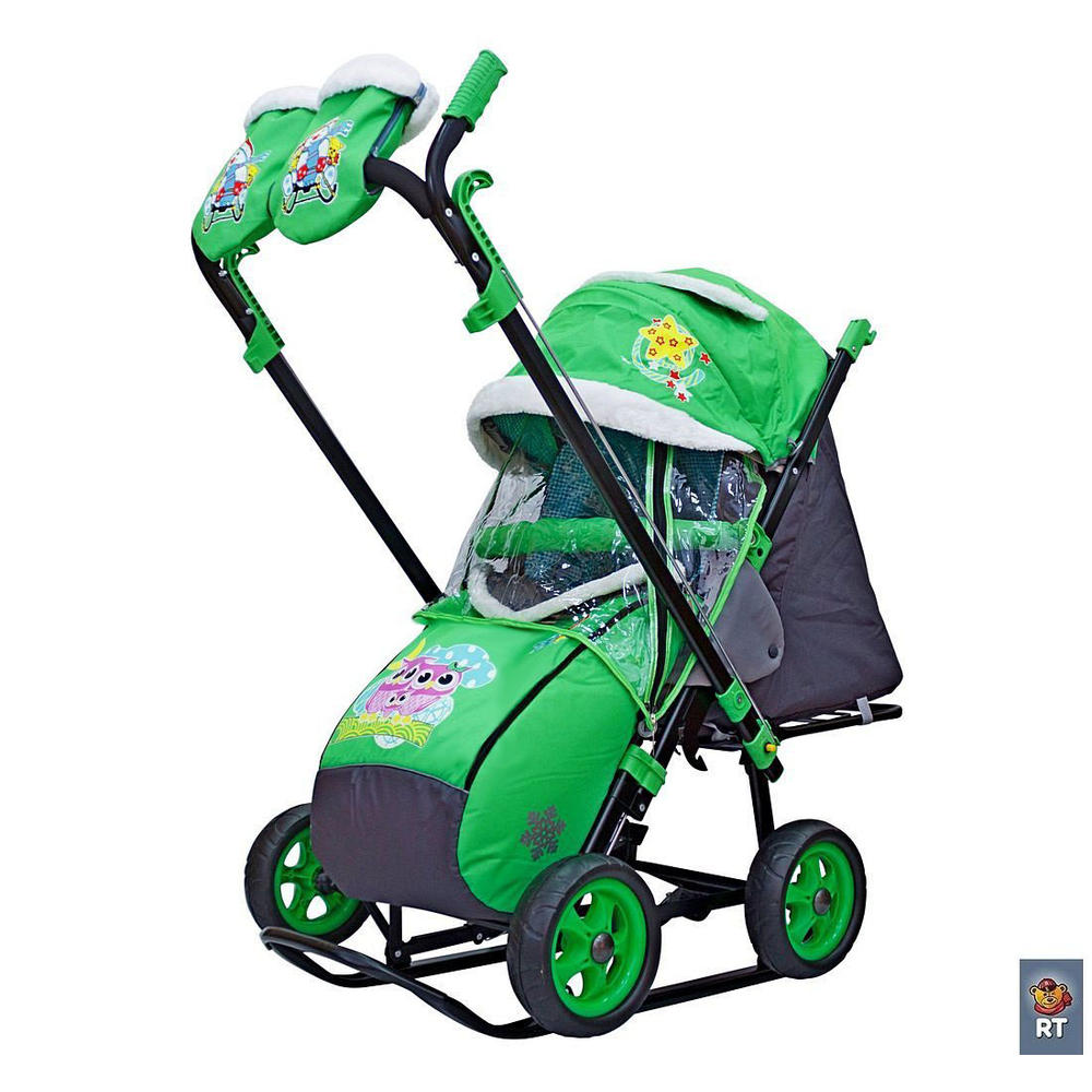 Санки-коляска Snow Galaxy - City-2-1 - Совушки на зеленом, на больших надувных колесах, сумка, варежки  