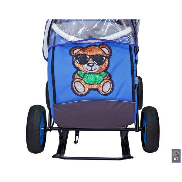 Санки-коляска Snow Galaxy City-1 - Зеленый Мишка на синем, на больших колесах Eva, сумка, варежки  